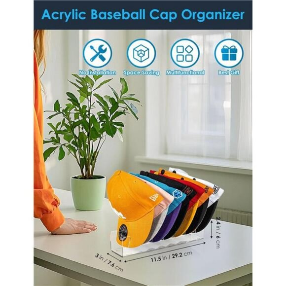Clear Acrylic Hat Stand Organizer 2 Pack Baseball Cap Rack Holds 14 Hats - Picture 5 of 7
